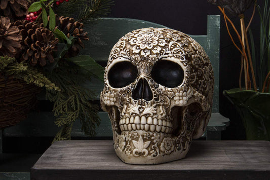 Ebros Natural Antique Skull Bone Floral Skull Statue 8"L Day Of The Dead Decor