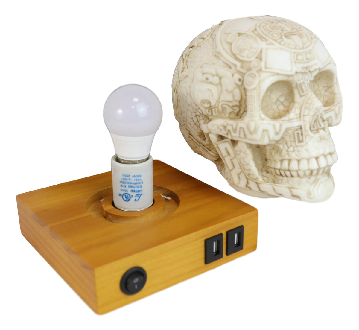 Mesoamerican Maya Aztec Skull LED Night Light Statue With USB Charging Wood Base