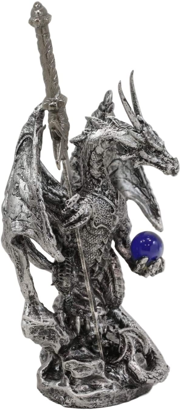 Legendary Silver Dragon Carrying Orb and Excalibur Sword Letter Opener Figurine