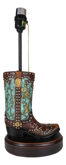 Western Tooled Turquoise Cowboy Boot Hand Painted Desktop Table Lamp With Shade