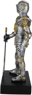 English Chivalrous Lion Coat Of Arms Knight With Sword Standing Guard Figurine