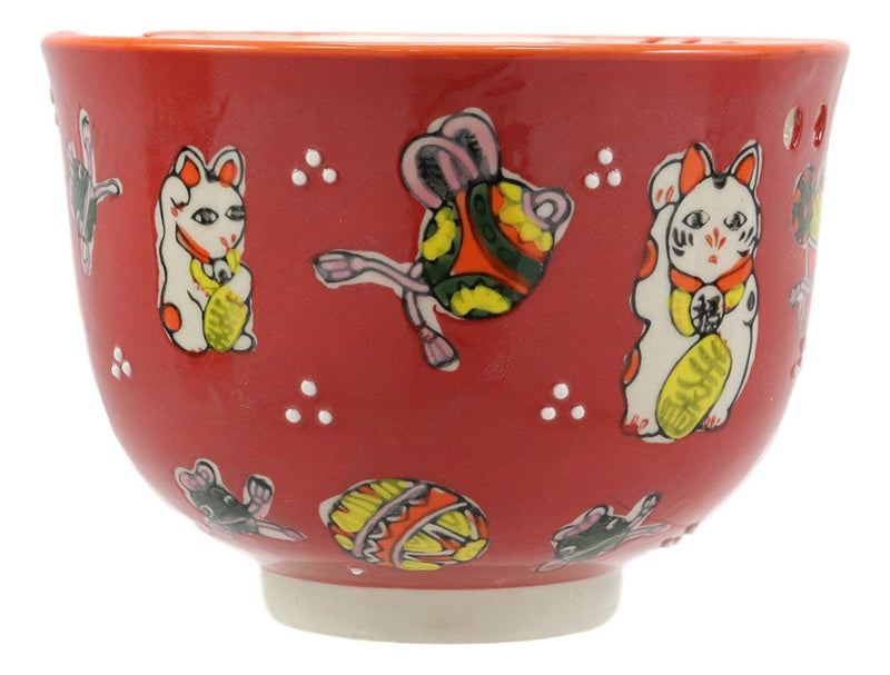Lucky Cat Japanese Maneki Neko Red Porcelain Ramen Soup Bowl With Chopsticks Set