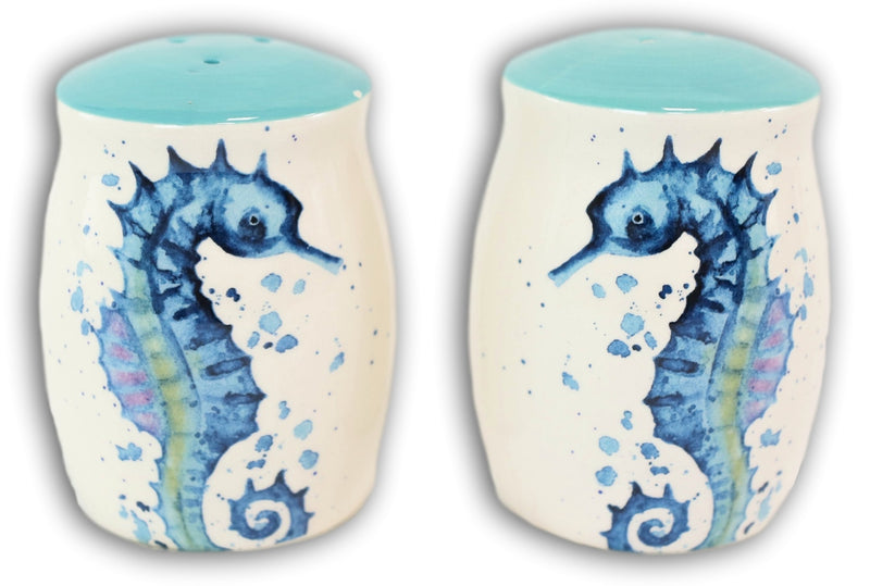 Nautical Blue White Seahorse With Bubbles Ceramic Salt And Pepper Shakers Set