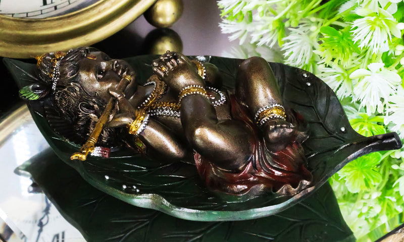 Ebros Lord Krishna as Baby Laying On Peepal Banyan Leaf Hindu Figurine 6"H Statue
