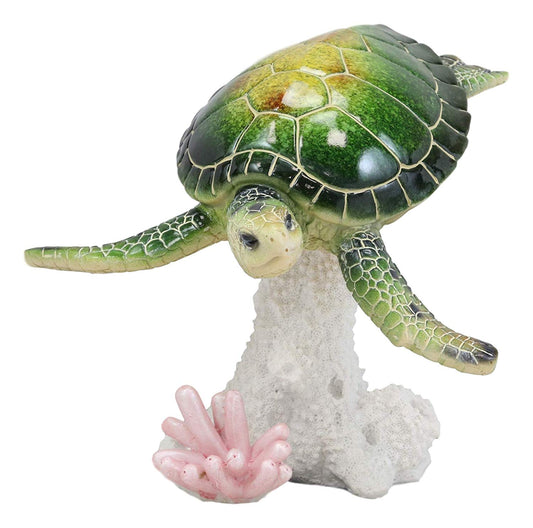 Large Nautical Ocean Colorful Giant Sea Turtle Swimming By White Corals Statue - Ebros Gift