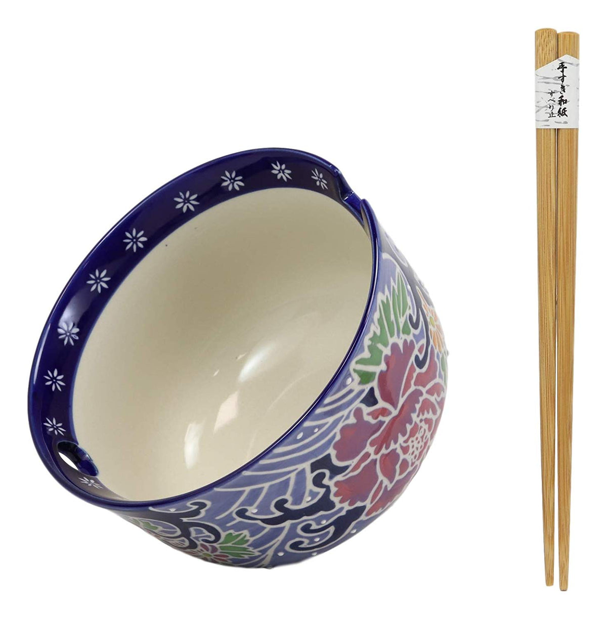 Ebros Blue Colorful Floral Breeze Ramen Udon Noodles Large 6.25" Diameter Soup Bowl With Built In Rest and Bamboo Chopsticks Set for Rice Pasta Salad
