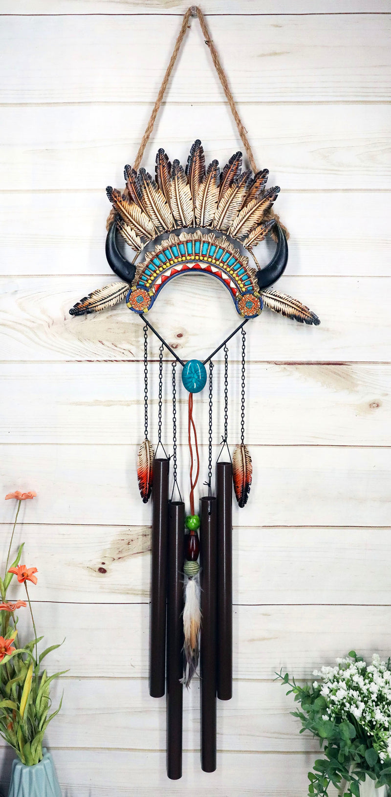 Southwest Boho Chic Indian Chief Headdress Feathers Turquoise Rocks Wind Chime