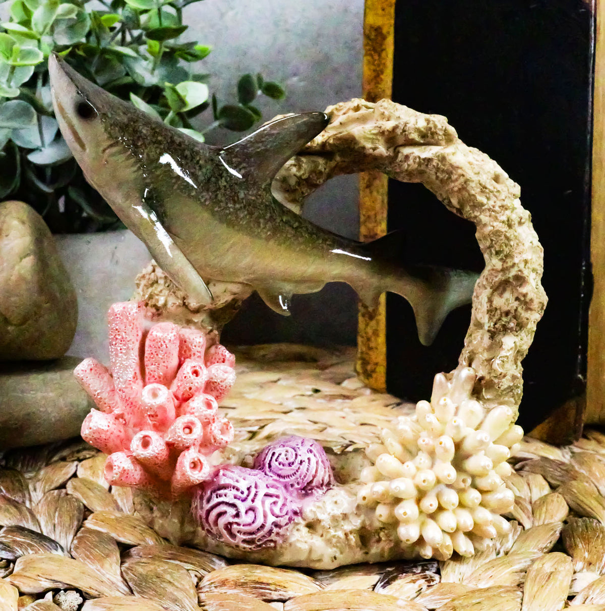Ebros Nautical Great White Shark Fish Swimming By Coral Reef Decorative Statue