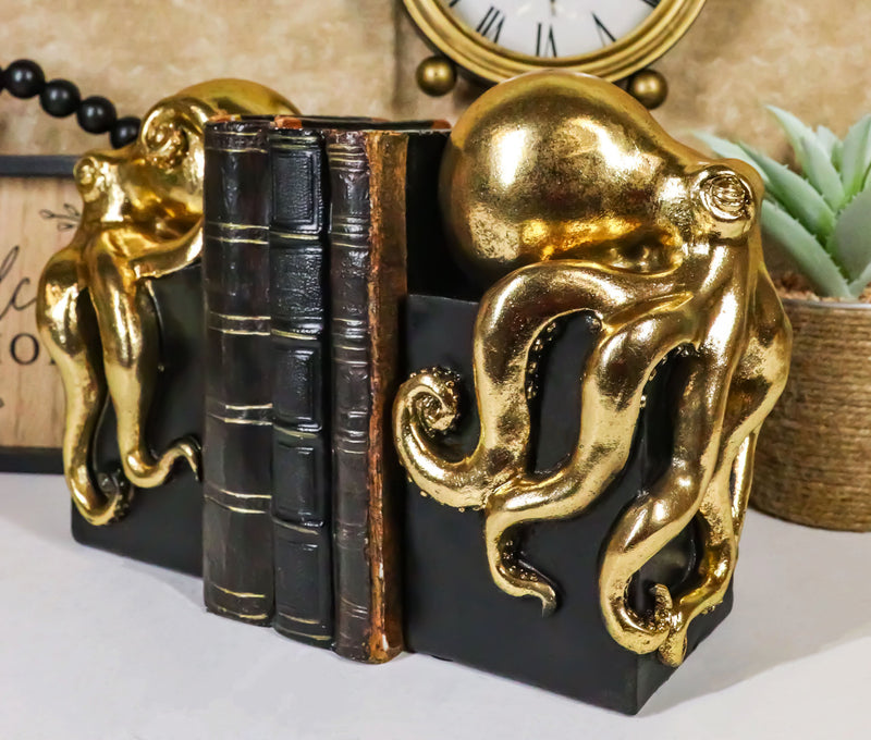 Ebros Contemporary Gold Color Octopus Bookends Statue Set With Black Base