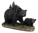 7.75" Long Realistic Black Momma Bear Piggybacking Her Cub By A Pine Tree Statue