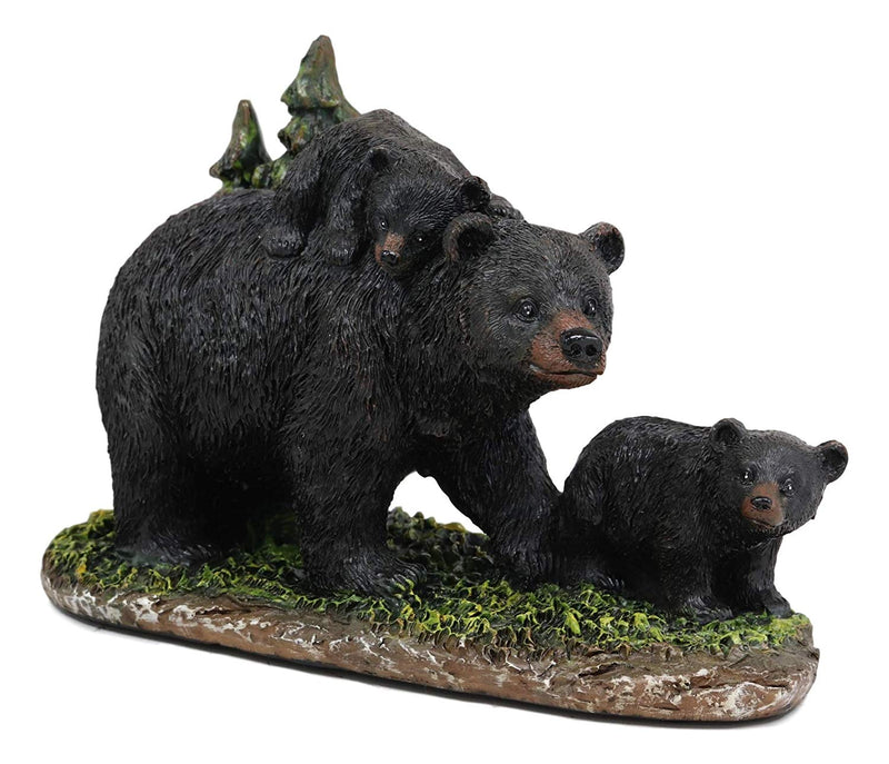 7.75" Long Realistic Black Momma Bear Piggybacking Her Cub By A Pine Tree Statue