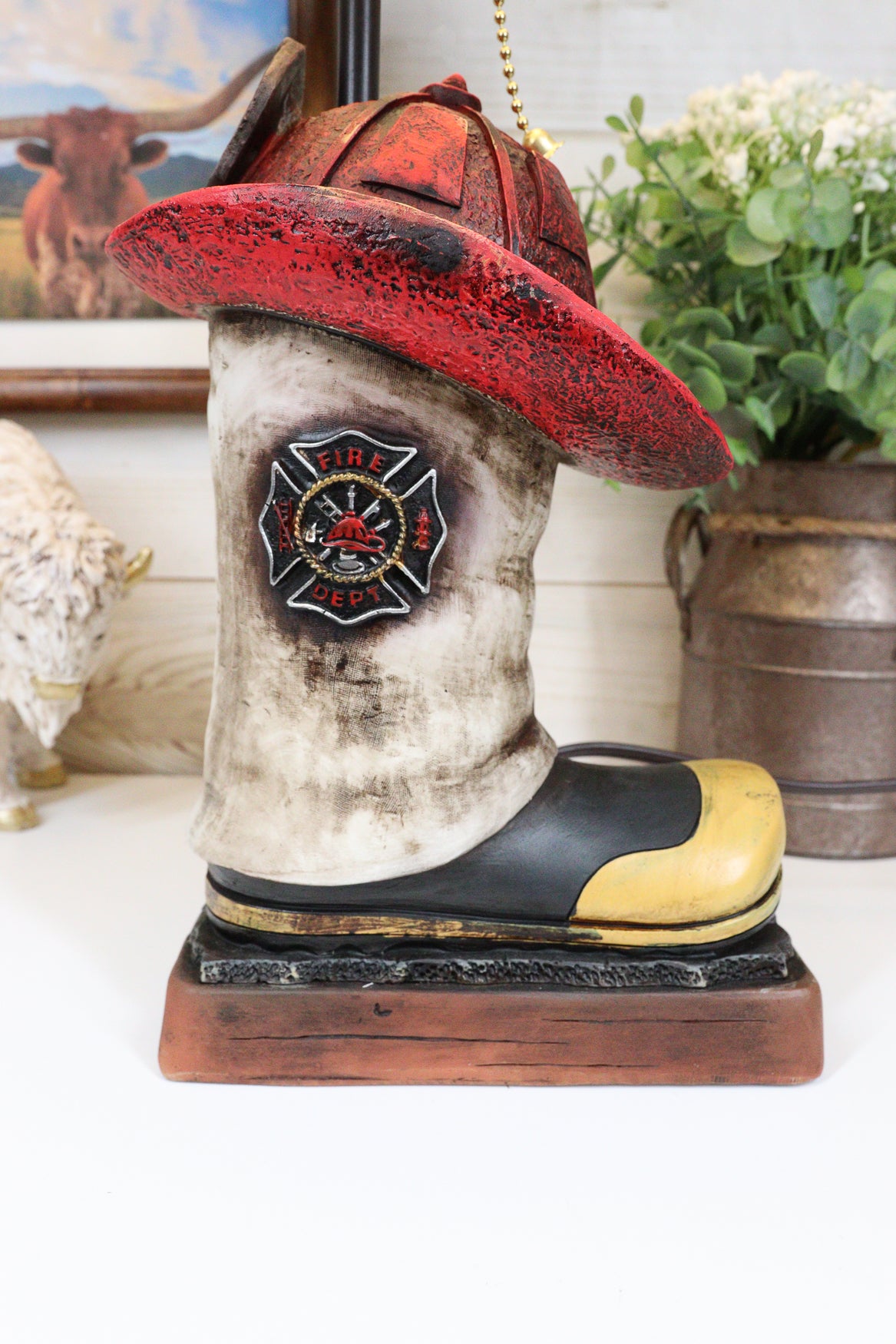 American Hero Fire Fighters Fireman Boot And Helmet Table Lamp With Laced Shade - Ebros Gift