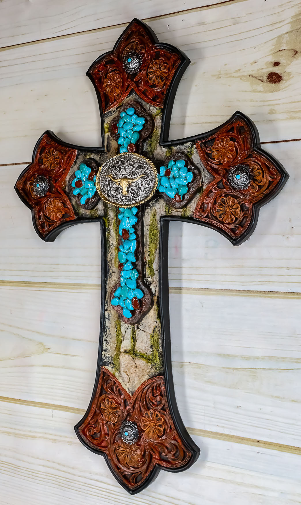 Ebros Western Turquoise Rocks Longhorn Concho Tooled Leather Finish Wa ...