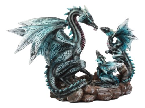 Narygos Blue Iceberg Mother Dragon With Baby Dragons Statue Home Decor Fantasy - Ebros Gift