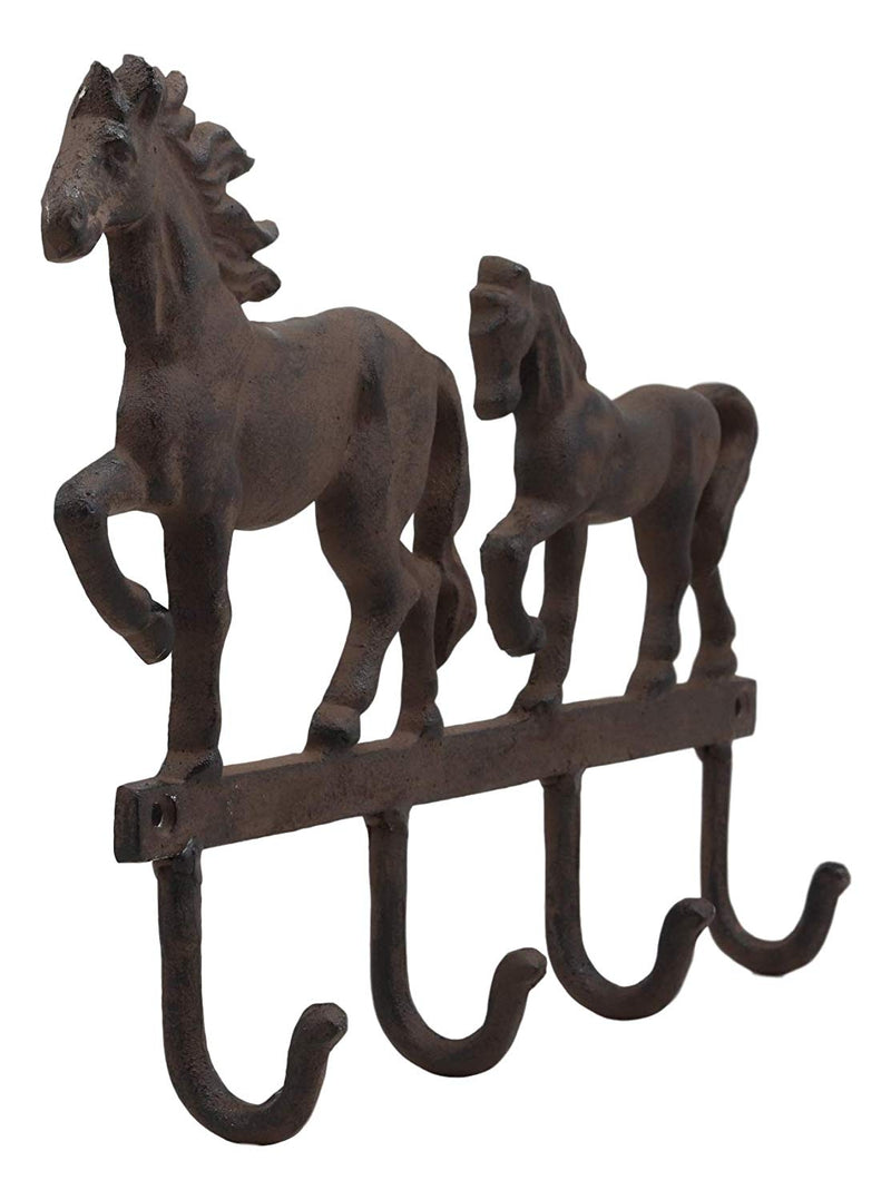 Ebros Cast Iron Rustic Western Country Farm Horse With Foal Coat Key Hat Leash Backpack Wall Hanging Hooks 13" Wide 4 Peg Hook Decor Hangers Cowboy Decorative Organizer