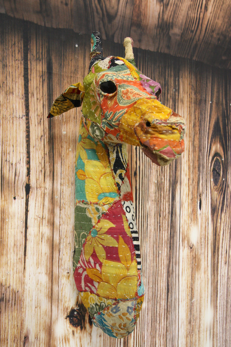 Safari Wild Giraffe Hand Crafted Paper Mache In Sari Fabric Wall Head Decor