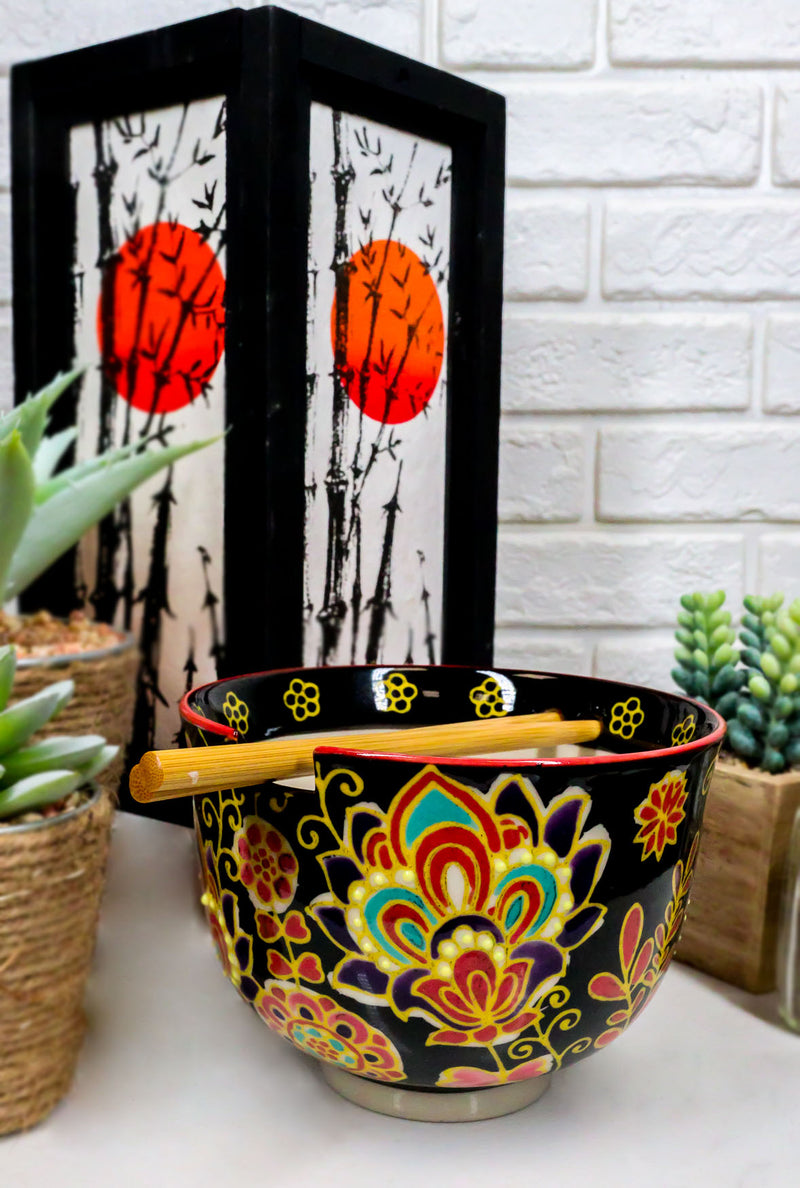 Colorful Floral Summer Blossoms On Black Ramen Soup Bowl With Chopsticks Set
