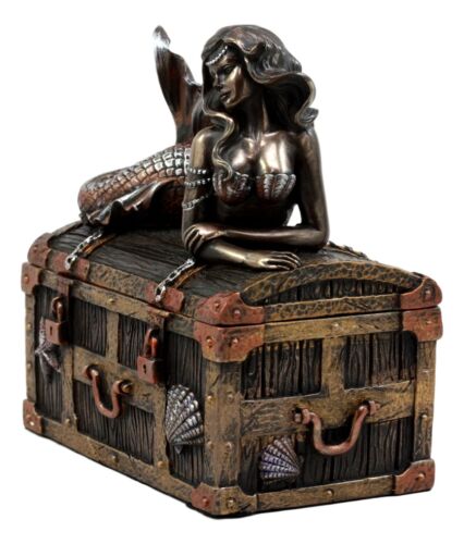 Bronzed Mermaid Nerida Resting On Sunken Treasure Jewelry Box Figurine 5.25"L