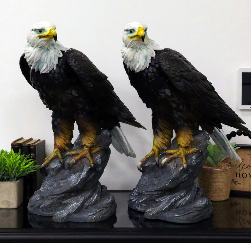 Pack of 2 Large 20"H Lifelike Patriotic American Bald Eagle On Rock Figurines
