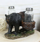 Rustic Black Bear Carrying Saddlebags Holder With Glass Salt And Pepper Shakers