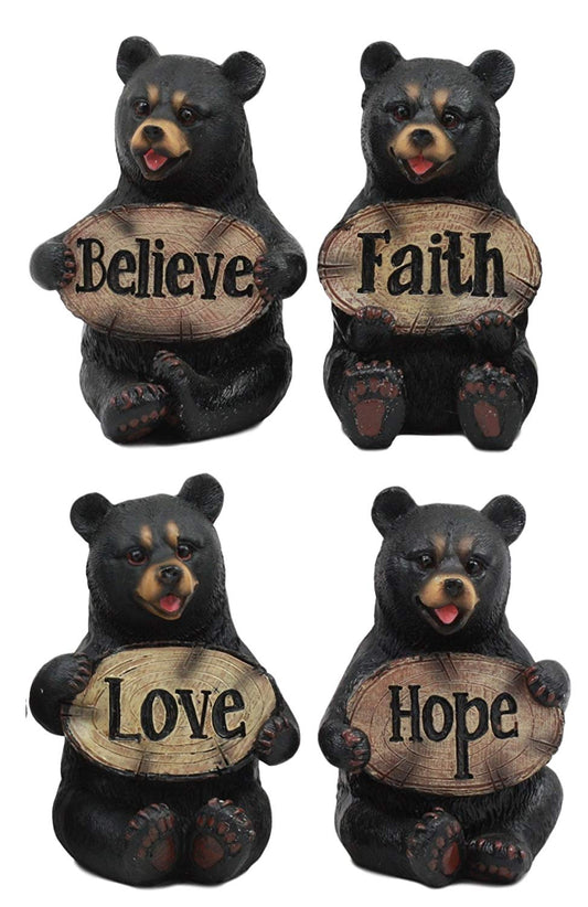 Ebros Set of 4 Inspirational Bears Statues Whimsical Cute Black Bear Holding Love Believe Faith and Hope Sign Plaque Small Figurines Western Decor Rustic Nature Lovers - Ebros Gift