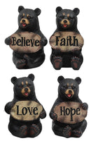 Ebros Set of 4 Inspirational Bears Statues Whimsical Cute Black Bear Holding Love Believe Faith and Hope Sign Plaque Small Figurines Western Decor Rustic Nature Lovers