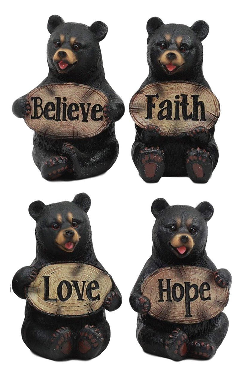 Ebros Set of 4 Inspirational Bears Statues Whimsical Cute Black Bear Holding Love Believe Faith and Hope Sign Plaque Small Figurines Western Decor Rustic Nature Lovers