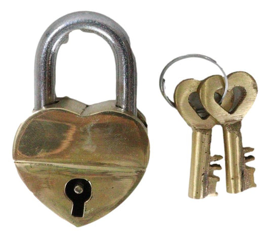 Antique Gold Tone Keepsake Brass Small Heart Love Shaped Padlock With 2 Keys - Ebros Gift