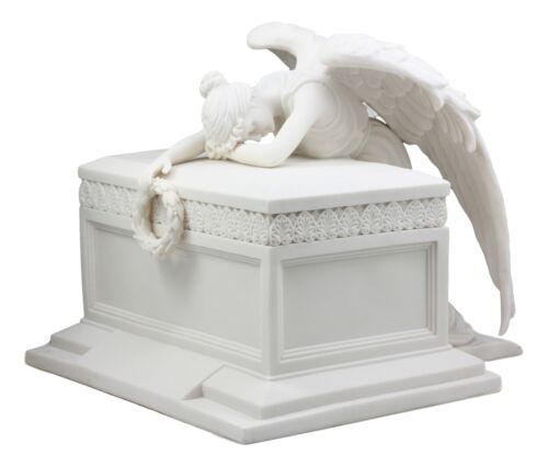 White Inspirational Angel Of Bereavement Holding Wreath Cremation Urn Statue