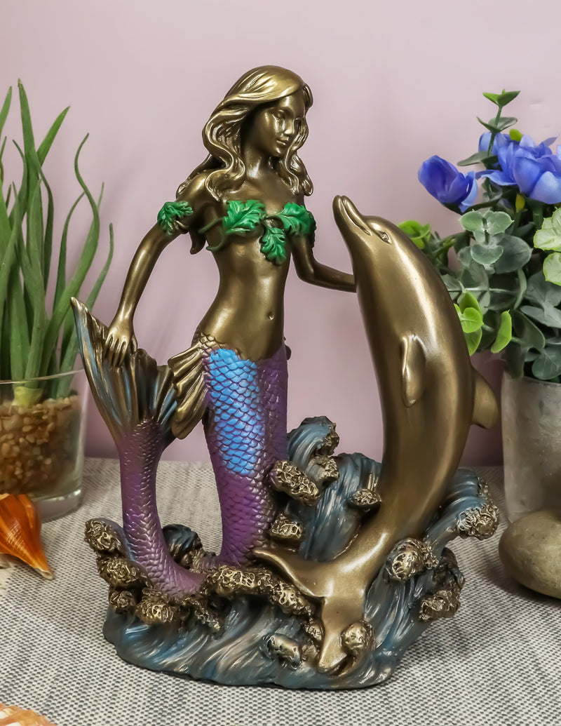 Art Nouveau Ocean Siren Mermaid With Bottlenose Dolphin Statue Nautical Decor