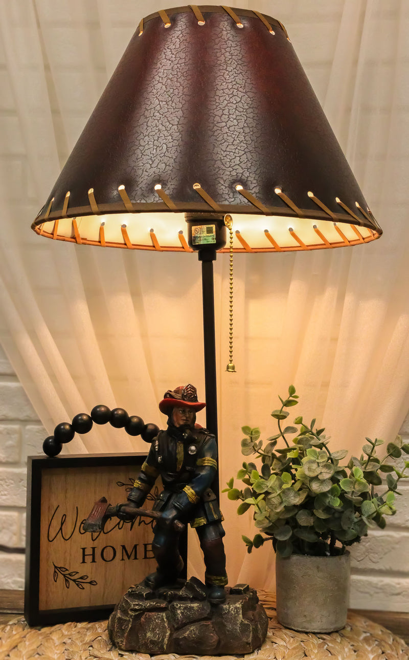 American Hero Fire Fighters Fireman In Full Gear And Axe Table Lamp With Shade