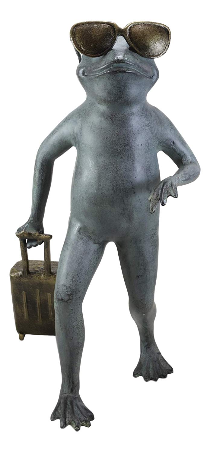 Ebros Gift Large Cast Aluminum Metal Whimsical Airport Travel Frog with Shades and Carry On Suitcase Garden Statue 21.25" Tall Pond Frogs Patio Pool Lawn Decorative Sculpture