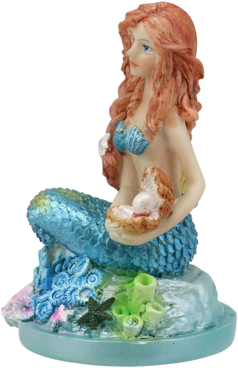 Ebros 4.5" Tall Colorful Nautical Ocean Mermaid Mergirl with Pearl Shell and Blue Tail Sitting On Corals Statue Under The Sea Fantasy Mermaids Mergirls Sirens of The Seas Figurines - Ebros Gift