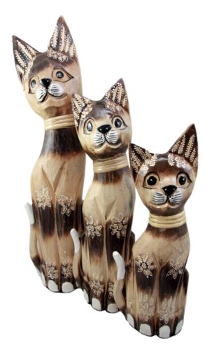 Balinese Wood Handicraft Striped Feline Cat Family Set of 3 Figurines 20"H