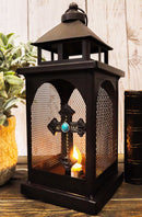 European Rustic Western Turquoise Scroll Cross Electric Metal Lantern Lamp