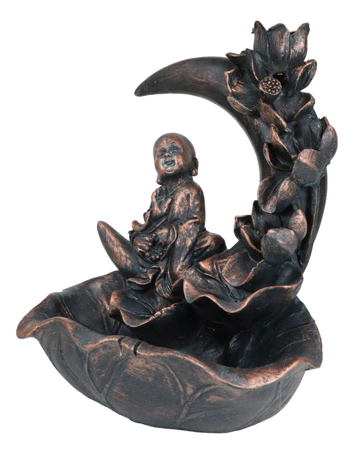 Buddha Monk On Lotus Crescent Moon Smoke Waterfall Backflow Cone Incense Burner