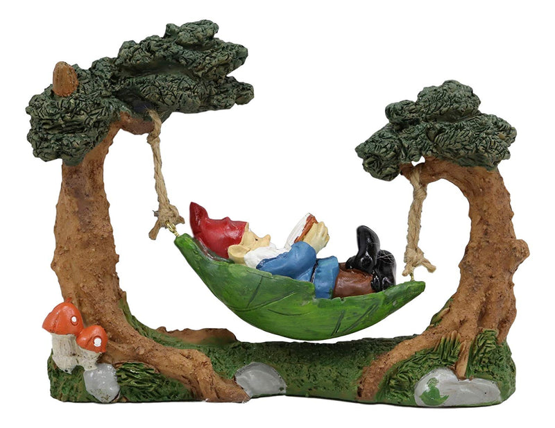 Ebros Whimsical Bookworm Gnome Sleeping On Hammock by Toadstool Mushrooms Forest Tree Ents Statue 6.5" Wide