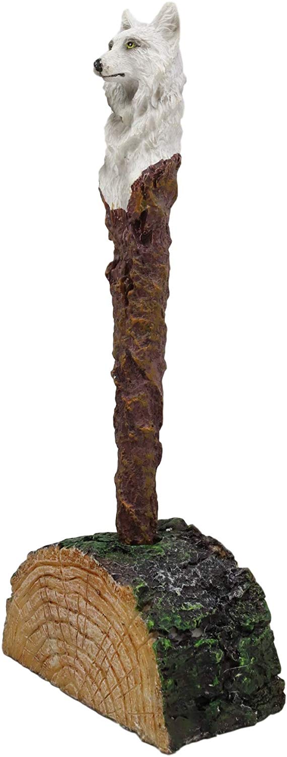 Ebros Celtic White Direwolf Hand Painted Pen with Rustic Tree Bark Holder Stand