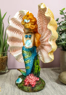 Ebros Aquamarine Mermaid Mergirl Holding Blue Sconce By Giant Pearl Shell Statue 7"H