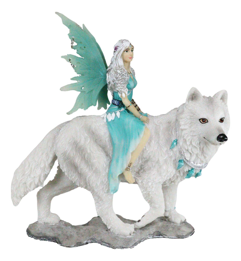 Ebros Gift Elektra Blue Ice Fairy Riding Giant Snow Wolf King Rumba Figurine 8"H