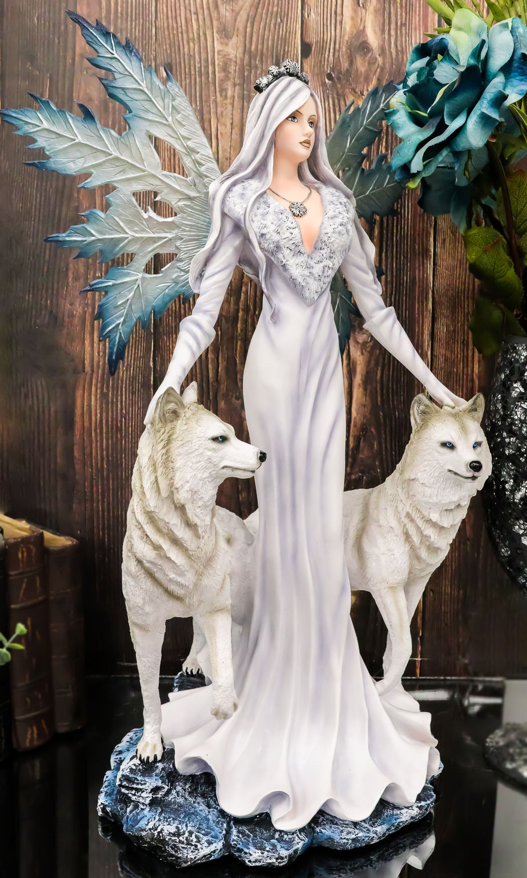 Large 23" Tall Blizzard Frost Flake Fairy With Two Snow Wolves Statue Figurine