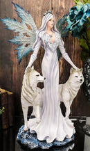 Large 23" Tall Blizzard Frost Flake Fairy With Two Snow Wolves Statue Figurine