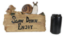 Helix Shell Snail By Mushrooms On Trunk Log With Slow Down Enjoy Sign Figurine