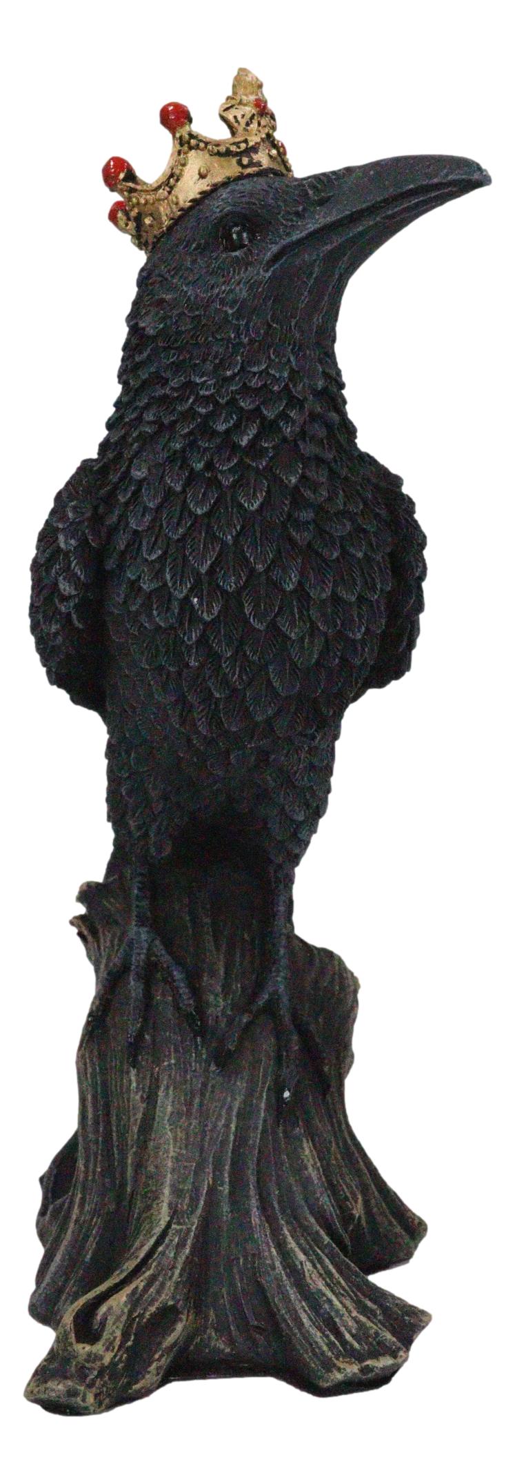 Macabre Gothic Royal Crowned Raven King Perching On Tree Stump Figurine 6.5"H