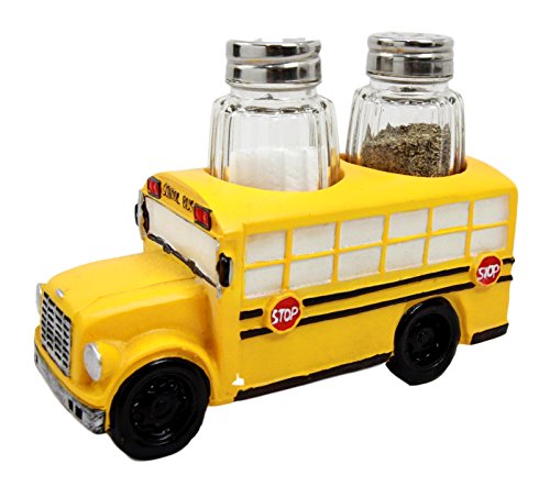 Ebros Yellow School Bus Decorative Glass Salt Pepper Shakers Holder Resin 6"L