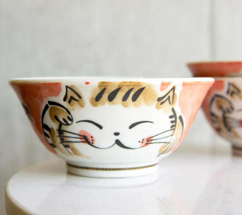 Made In Japan Pink Lucky Cat Maneki Neko 16oz Soup Rice Cereal Bowls Set of 6