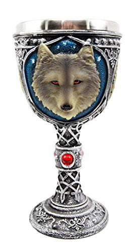 Ebros Gift Large Magical Celtic Blue Remus Ancient Gray Wolf Goblet Chalice Cup Figurine 8oz