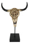 Western Floral Tribal Scroll Bull Cow Skull Winged Cross Desktop Plaque On Stand