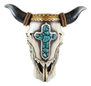 Western Rustic Cow Skull With Turquoise Rocks Cross And Ropes Vase Planter Decor