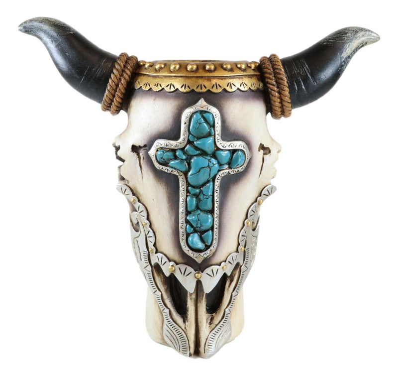 Western Rustic Cow Skull With Turquoise Rocks Cross And Ropes Vase Planter Decor